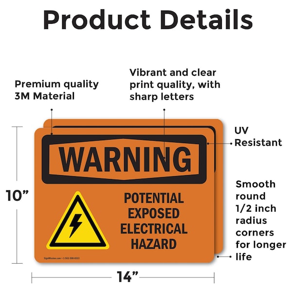 Potential Exposed Electrical Hazard With Symbol OSHA Warning Sign, Vinyl Decal, 14in X 10in, 2PK